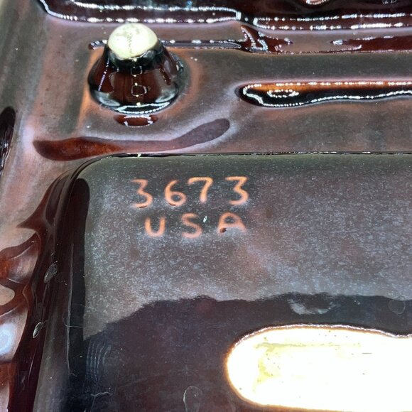 1970s California Pottery #3763 Spiderwed Glazed Ashtray 12”x8” Brown And Seafoam - Picture 8 of 11